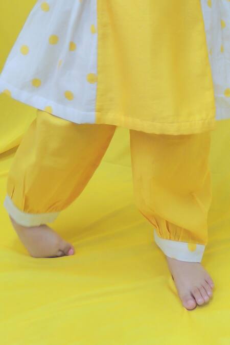 Pankhuri By Priyanka Yellow Chanderi Sequins Polka Dot Print Side Panel Kurta With Harem Pant Online at Aza Fashions Pankhuri By Priyanka_Yellow Chanderi Sequins Polka Dot Print Side Panel Kurta With Harem Pant _Online_at_Aza_Fashions