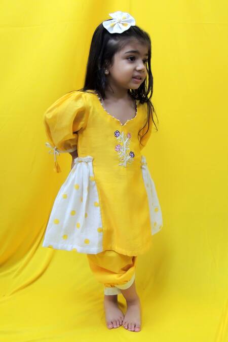 Buy Pankhuri By Priyanka Yellow Chanderi Sequins Polka Dot Print Side Panel Kurta With Harem Pant Online at Aza Fashions Buy_Pankhuri By Priyanka_Yellow Chanderi Sequins Polka Dot Print Side Panel Kurta With Harem Pant _Online_at_Aza_Fashions