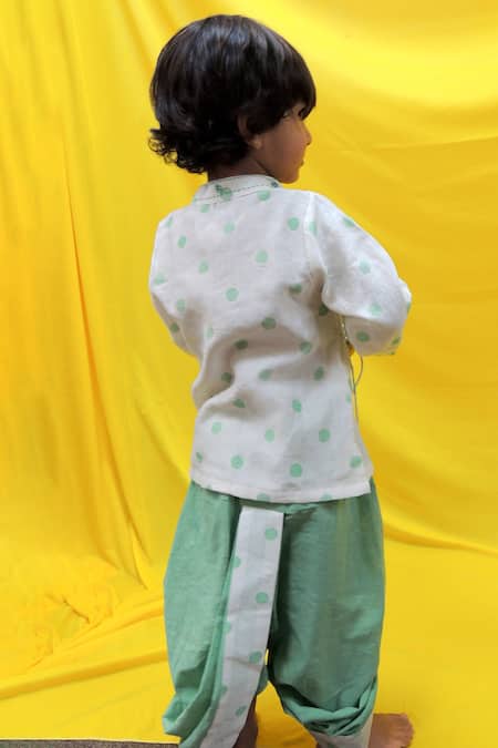 Shop Pankhuri By Priyanka Off White Chanderi, Cotton Polka Dot Print Angrakha With Dhoti Pant at Aza Fashions Shop_Pankhuri By Priyanka_Off White Chanderi, Cotton Polka Dot Print Angrakha With Dhoti Pant _at_Aza_Fashions