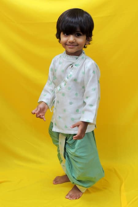 Pankhuri By Priyanka Off White Chanderi, Cotton Polka Dot Print Angrakha With Dhoti Pant Online at Aza Fashions Pankhuri By Priyanka_Off White Chanderi, Cotton Polka Dot Print Angrakha With Dhoti Pant _Online_at_Aza_Fashions