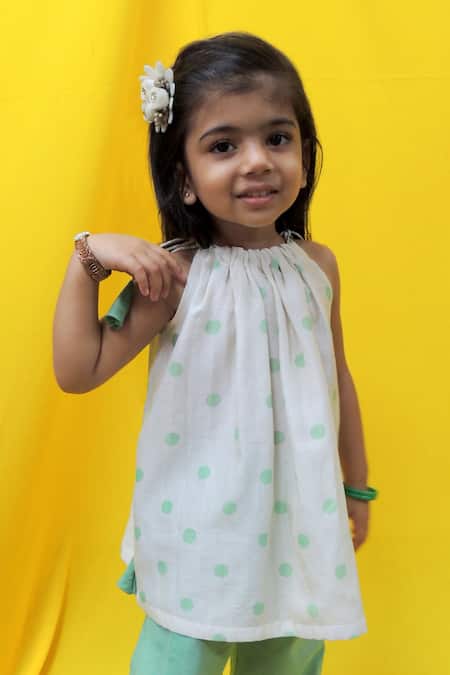 Pankhuri By Priyanka Off White Chanderi Embroidery Polka Dot Print Kurta With Flared Pant Online at Aza Fashions Pankhuri By Priyanka_Off White Chanderi Embroidery Polka Dot Print Kurta With Flared Pant _Online_at_Aza_Fashions