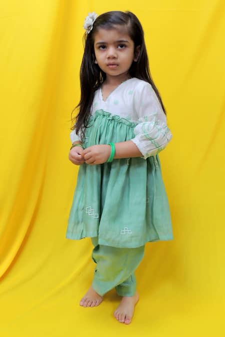 Shop Pankhuri By Priyanka Off White Chanderi Embroidery Polka Dot Print Yoke Kurta With Pant at Aza Fashions Shop_Pankhuri By Priyanka_Off White Chanderi Embroidery Polka Dot Print Yoke Kurta With Pant _at_Aza_Fashions