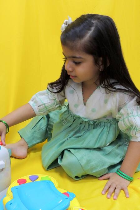 Shop Pankhuri By Priyanka Off White Chanderi Embroidery Polka Dot Print Yoke Kurta With Pant Online at Aza Fashions Shop_Pankhuri By Priyanka_Off White Chanderi Embroidery Polka Dot Print Yoke Kurta With Pant _Online_at_Aza_Fashions