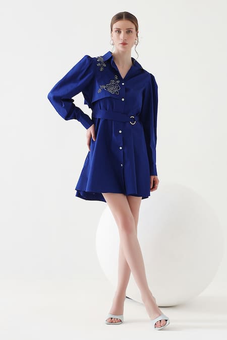 Mehak Talreja Couturre Blue Cotton Embroidered Floral Shirt Collar Trench Coat Dress 