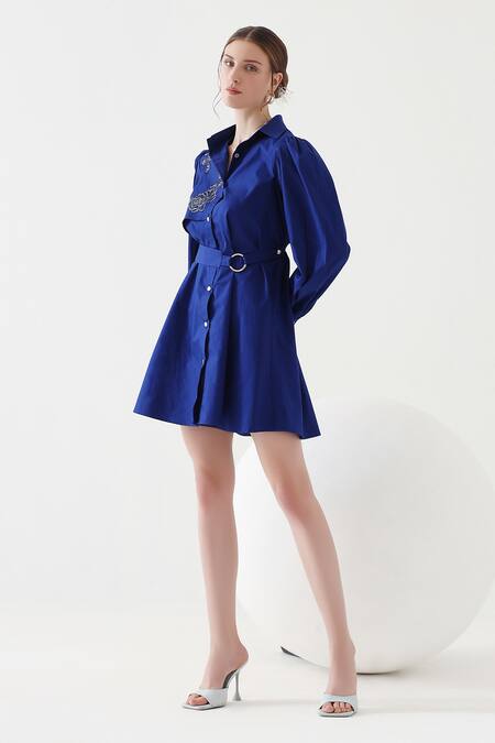 Shop Mehak Talreja Couturre Blue Cotton Embroidery Shawl Neck Floral Trench Coat Dress Online at Aza Fashions Shop_Mehak Talreja Couturre_Blue Cotton Embroidery Shawl Neck Floral Trench Coat Dress _Online_at_Aza_Fashions