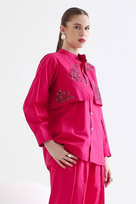 Mehak Talreja Couturre Magenta Cotton Embroidery Mandarin Collar Floral Shirt And Pant Set Online at Aza Fashions Mehak Talreja Couturre_Magenta Cotton Embroidery Mandarin Collar Floral Shirt And Pant Set _Online_at_Aza_Fashions