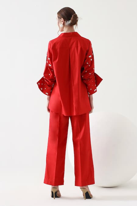 Shop Mehak Talreja Couturre Red Cotton Pearls, Embroidery Shawl Neck Chandelier Embellished Shirt And Pant Set at Aza Fashions Shop_Mehak Talreja Couturre_Red Cotton Pearls, Embroidery Shawl Neck Chandelier Embellished Shirt And Pant Set _at_Aza_Fashions