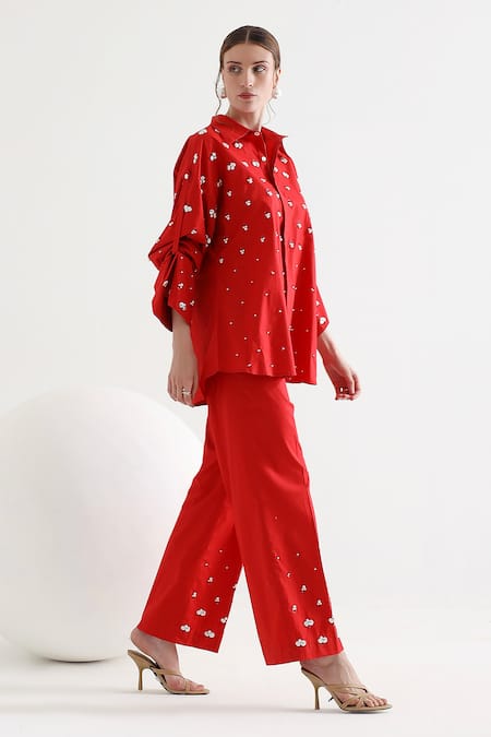 Mehak Talreja Couturre Red Cotton Pearls, Embroidery Shawl Neck Chandelier Embellished Shirt And Pant Set Online at Aza Fashions Mehak Talreja Couturre_Red Cotton Pearls, Embroidery Shawl Neck Chandelier Embellished Shirt And Pant Set _Online_at_Aza_Fashions