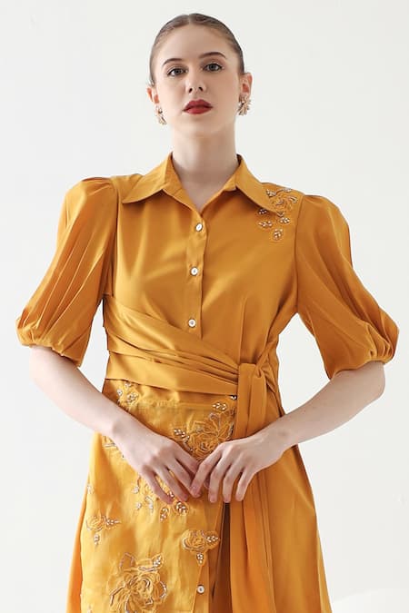 Mehak Talreja Couturre Yellow Satin, Twill Embroidery Shawl Neck, Collared Panelled Shirt Dress Online at Aza Fashions Mehak Talreja Couturre_Yellow Satin, Twill Embroidery Shawl Neck, Collared Panelled Shirt Dress _Online_at_Aza_Fashions