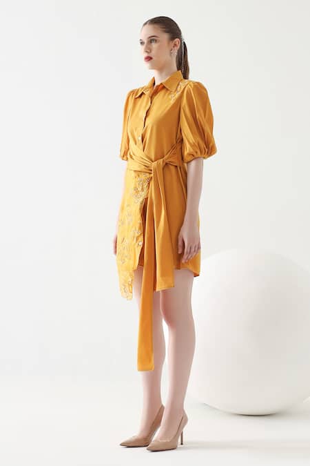 Buy Mehak Talreja Couturre Yellow Satin, Twill Embroidery Shawl Neck, Collared Panelled Shirt Dress Online at Aza Fashions Buy_Mehak Talreja Couturre_Yellow Satin, Twill Embroidery Shawl Neck, Collared Panelled Shirt Dress _Online_at_Aza_Fashions