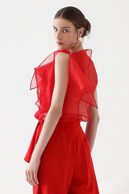 Shop Mehak Talreja Couturre Red Organza, Satin Embroidery Round Neck Thread Top And Pant Set at Aza Fashions Shop_Mehak Talreja Couturre_Red Organza, Satin Embroidery Round Neck Thread Top And Pant Set _at_Aza_Fashions