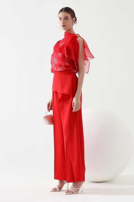 Buy Mehak Talreja Couturre Red Organza, Satin Embroidery Round Neck Thread Top And Pant Set Online at Aza Fashions Buy_Mehak Talreja Couturre_Red Organza, Satin Embroidery Round Neck Thread Top And Pant Set _Online_at_Aza_Fashions