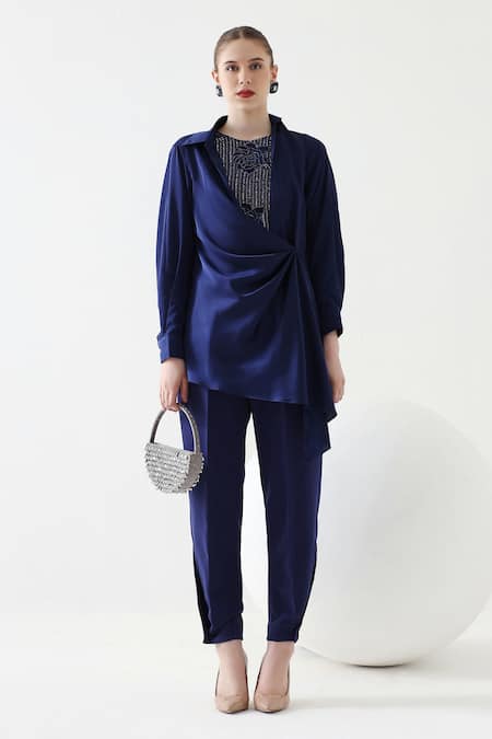 Mehak Talreja Couturre Blue Draped Shirt And Pant Set 