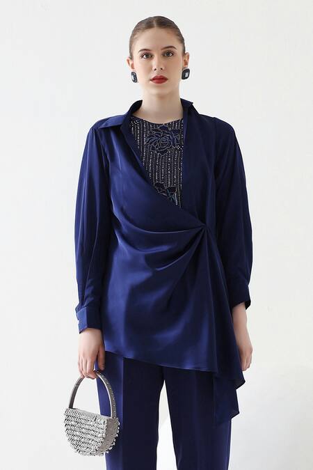 Mehak Talreja Couturre_Blue Satin, Crepe Embroidery Draped Shirt And Pant Set _Online_at_Aza_Fashions