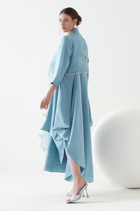 Shop Mehak Talreja Couturre Blue Satin, Organza Embroidery Mandarin Asymmetric Dress With Floral Cape at Aza Fashions Shop_Mehak Talreja Couturre_Blue Satin, Organza Embroidery Mandarin Asymmetric Dress With Floral Cape _at_Aza_Fashions