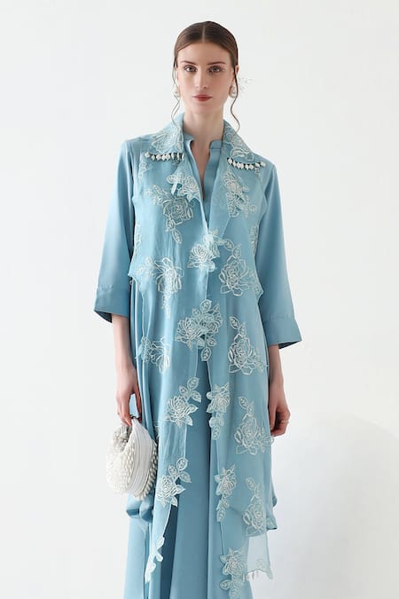 Mehak Talreja Couturre Blue Satin, Organza Embroidery Mandarin Asymmetric Dress With Floral Cape Online at Aza Fashions Mehak Talreja Couturre_Blue Satin, Organza Embroidery Mandarin Asymmetric Dress With Floral Cape _Online_at_Aza_Fashions