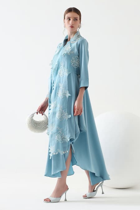 Buy Mehak Talreja Couturre Blue Satin, Organza Embroidery Mandarin Asymmetric Dress With Floral Cape Online at Aza Fashions Buy_Mehak Talreja Couturre_Blue Satin, Organza Embroidery Mandarin Asymmetric Dress With Floral Cape _Online_at_Aza_Fashions