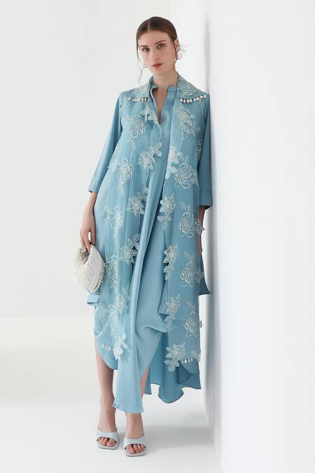 Shop Mehak Talreja Couturre Blue Satin, Organza Embroidery Mandarin Asymmetric Dress With Floral Cape Online at Aza Fashions Shop_Mehak Talreja Couturre_Blue Satin, Organza Embroidery Mandarin Asymmetric Dress With Floral Cape _Online_at_Aza_Fashions