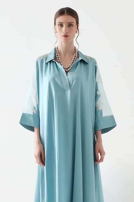 Mehak Talreja Couturre_Blue Satin Embroidery Collared Sheer Shoulder Panelled Kurta And Pant Set _Online_at_Aza_Fashions