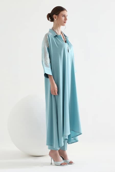 Buy_Mehak Talreja Couturre_Blue Satin Embroidery Collared Sheer Shoulder Panelled Kurta And Pant Set _Online_at_Aza_Fashions