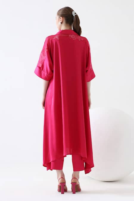 Shop Mehak Talreja Couturre Pink Satin Embroidery Collared Floral Thread Kurta And Pant Set at Aza Fashions Shop_Mehak Talreja Couturre_Pink Satin Embroidery Collared Floral Thread Kurta And Pant Set _at_Aza_Fashions