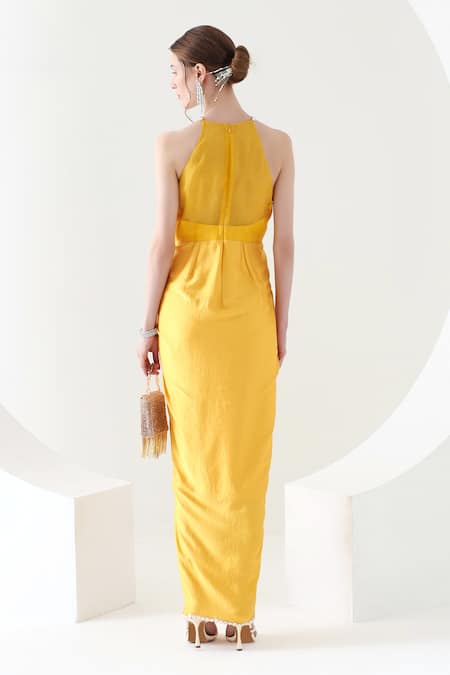 Shop Mehak Talreja Couturre Yellow Satin Beads, Cut Work Halter Neck Sunflower Draped Maxi Dress at Aza Fashions Shop_Mehak Talreja Couturre_Yellow Satin Beads, Cut Work Halter Neck Sunflower Draped Maxi Dress _at_Aza_Fashions