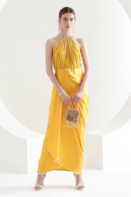Mehak Talreja Couturre Yellow Satin Beads, Cut Work Halter Neck Sunflower Draped Maxi Dress Online at Aza Fashions Mehak Talreja Couturre_Yellow Satin Beads, Cut Work Halter Neck Sunflower Draped Maxi Dress _Online_at_Aza_Fashions