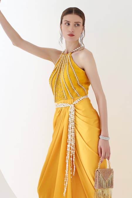 Buy Mehak Talreja Couturre Yellow Satin Beads, Cut Work Halter Neck Sunflower Draped Maxi Dress Online at Aza Fashions Buy_Mehak Talreja Couturre_Yellow Satin Beads, Cut Work Halter Neck Sunflower Draped Maxi Dress _Online_at_Aza_Fashions