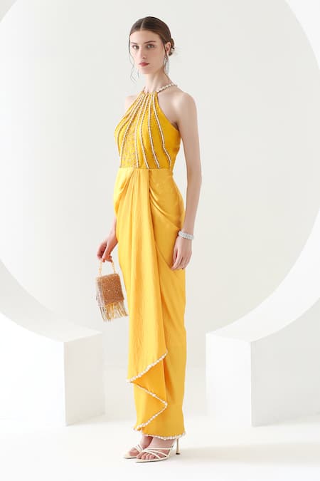 Shop Mehak Talreja Couturre Yellow Satin Beads, Cut Work Halter Neck Sunflower Draped Maxi Dress Online at Aza Fashions Shop_Mehak Talreja Couturre_Yellow Satin Beads, Cut Work Halter Neck Sunflower Draped Maxi Dress _Online_at_Aza_Fashions