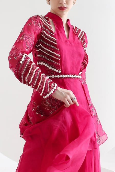Mehak Talreja Couturre_Magenta Organza Embroidered Pearl Embellished Peplum Top Palazzo Set  _Online_at_Aza_Fashions