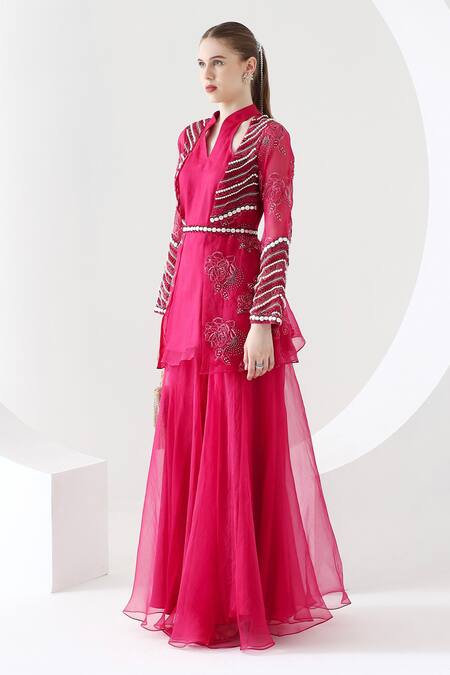 Buy_Mehak Talreja Couturre_Magenta Organza Embroidered Pearl Embellished Peplum Top Palazzo Set  _Online_at_Aza_Fashions