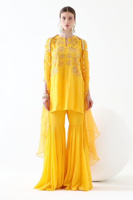 Mehak Talreja Couturre Yellow Floral Embroidered Kurta Sharara Set 