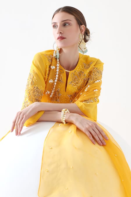 Buy_Mehak Talreja Couturre_Yellow Floral Embroidered Kurta Sharara Set _Online_at_Aza_Fashions