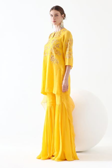 Shop_Mehak Talreja Couturre_Yellow Floral Embroidered Kurta Sharara Set _Online_at_Aza_Fashions