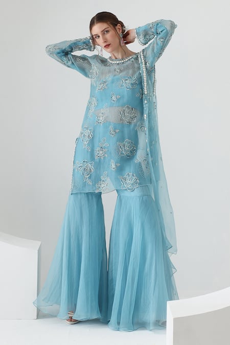 Mehak Talreja Couturre Blue Organza Embroidered Pearl Round Embellished Kurta Sharara Set  