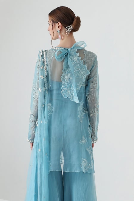 Buy_Mehak Talreja Couturre_Blue Organza Embroidered Pearl Round Embellished Kurta Sharara Set  _Online_at_Aza_Fashions