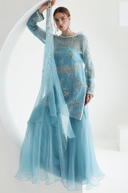 Shop_Mehak Talreja Couturre_Blue Organza Embroidered Pearl Round Embellished Kurta Sharara Set  _Online_at_Aza_Fashions
