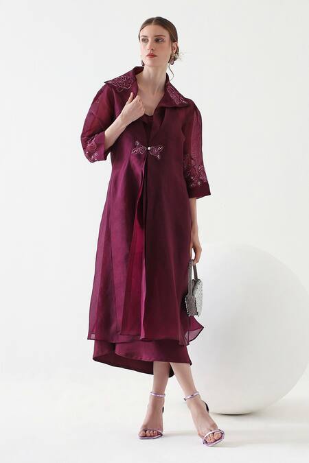 Mehak Talreja Couturre_Wine Crepe, Organza Embroidery Round Neck, Collared Draped Dress With Cape _Online_at_Aza_Fashions