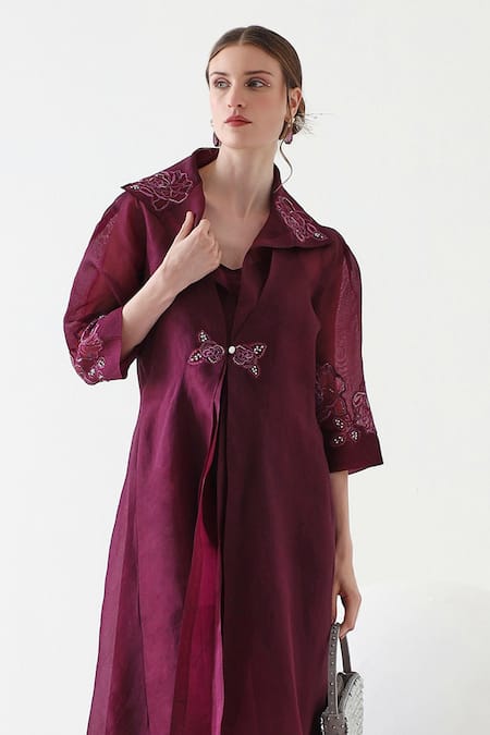 Buy_Mehak Talreja Couturre_Wine Crepe, Organza Embroidery Round Neck, Collared Draped Dress With Cape _Online_at_Aza_Fashions
