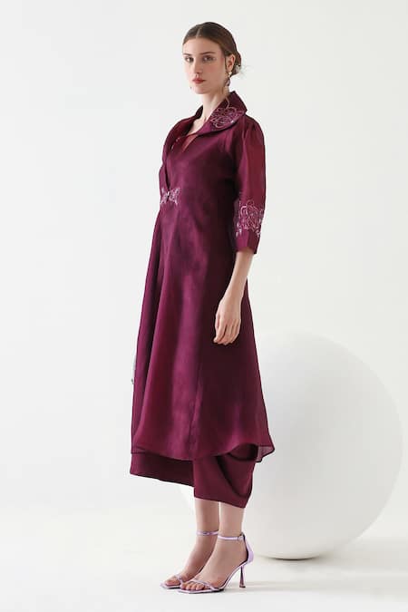Shop_Mehak Talreja Couturre_Wine Crepe, Organza Embroidery Round Neck, Collared Draped Dress With Cape _Online_at_Aza_Fashions