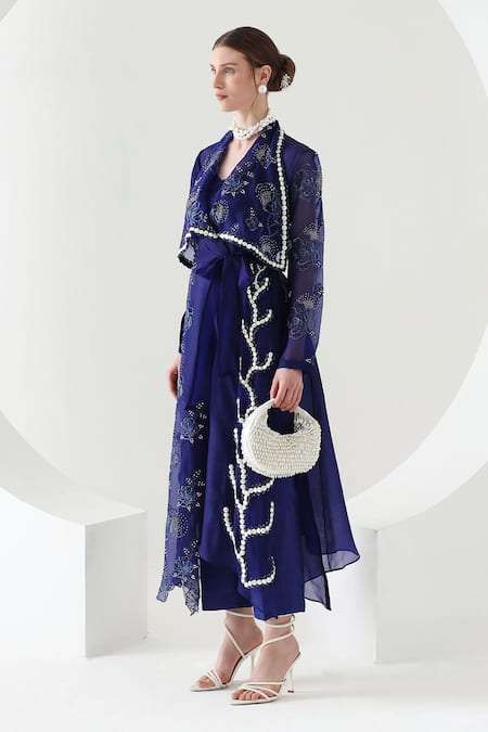 Buy Mehak Talreja Couturre Blue Cape Organza Embroidered Floral Inner V Cross Over Pant Set Online at Aza Fashions Buy_Mehak Talreja Couturre_Blue Cape Organza Embroidered Floral Inner V Cross Over Pant Set _Online_at_Aza_Fashions