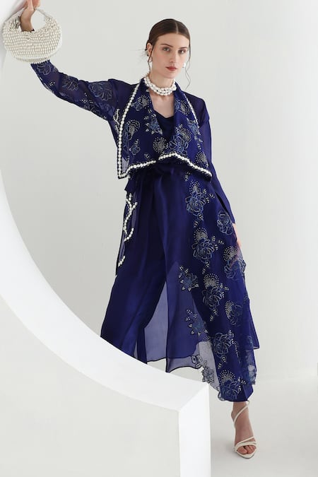 Shop Mehak Talreja Couturre Blue Cape Organza Embroidered Floral Inner V Cross Over Pant Set Online at Aza Fashions Shop_Mehak Talreja Couturre_Blue Cape Organza Embroidered Floral Inner V Cross Over Pant Set _Online_at_Aza_Fashions