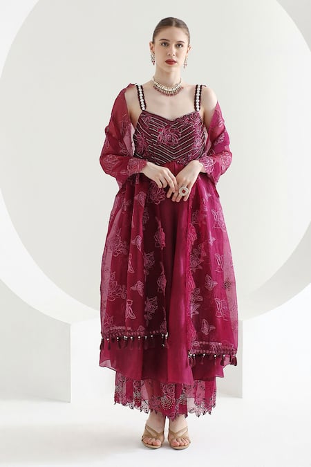 Mehak Talreja Couturre Wine Anarkali And Dupatta Organza Embroidered Floral Palazzo Set  