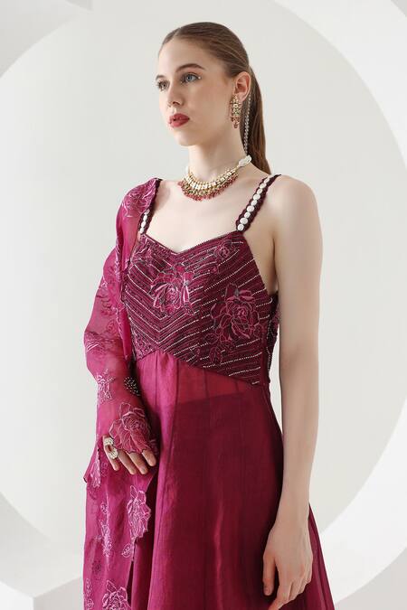 Shop Mehak Talreja Couturre Wine Anarkali And Dupatta Organza Embroidered Floral Palazzo Set Online at Aza Fashions Shop_Mehak Talreja Couturre_Wine Anarkali And Dupatta Organza Embroidered Floral Palazzo Set _Online_at_Aza_Fashions