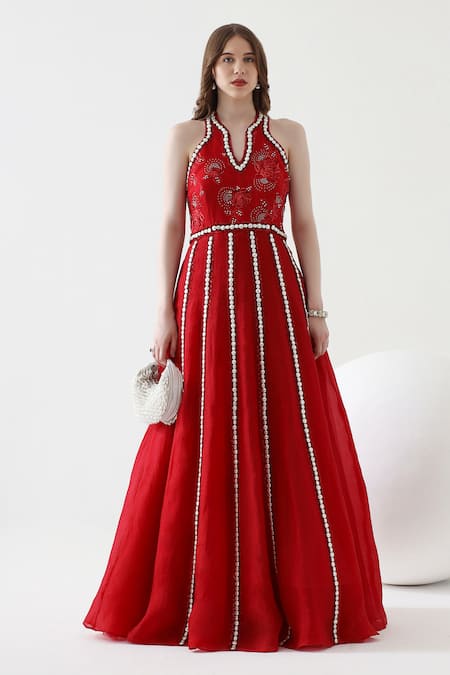 Mehak Talreja Couturre Red Organza Embroidered Pearl Halter Embellished Anarkali  