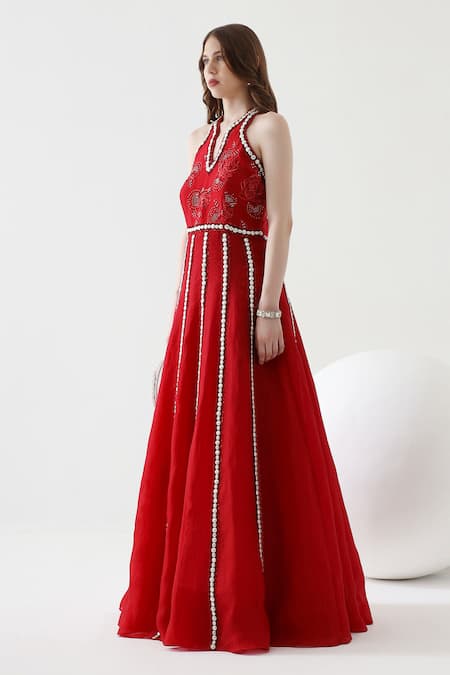 Mehak Talreja Couturre Red Organza Embroidered Pearl Halter Embellished Anarkali Online at Aza Fashions Mehak Talreja Couturre_Red Organza Embroidered Pearl Halter Embellished Anarkali _Online_at_Aza_Fashions