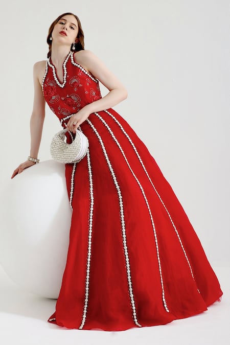 Shop Mehak Talreja Couturre Red Organza Embroidered Pearl Halter Embellished Anarkali Online at Aza Fashions Shop_Mehak Talreja Couturre_Red Organza Embroidered Pearl Halter Embellished Anarkali _Online_at_Aza_Fashions