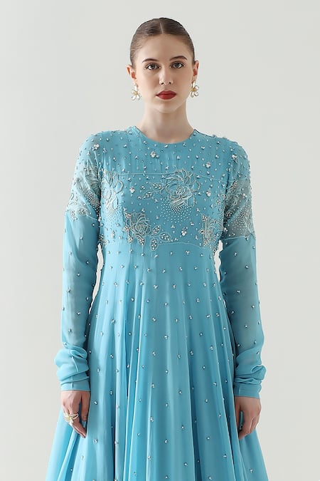 Mehak Talreja Couturre Blue Georgette Nawabi Embroidered Floor Length Anarkali Online at Aza Fashions Mehak Talreja Couturre_Blue Georgette Nawabi Embroidered Floor Length Anarkali _Online_at_Aza_Fashions