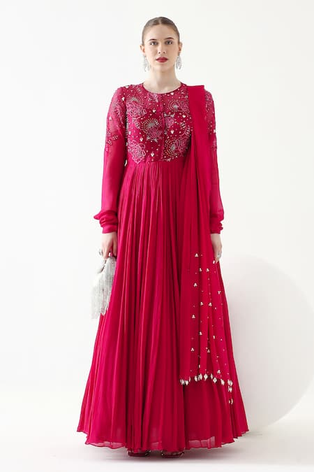 Mehak Talreja Couturre Pink Georgette Embroidery Pearl Meera Roseate Anarkali With Dupatta  