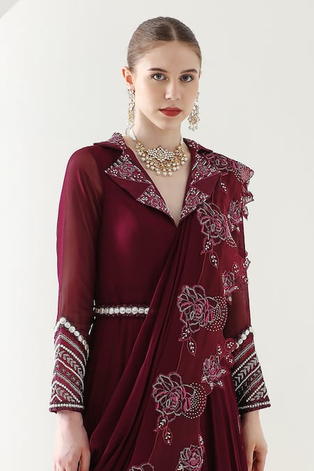 Mehak Talreja Couturre_Wine Georgette Embroidery Pearl Tara Rosette Draped Anarkali With Dupatta _Online_at_Aza_Fashions